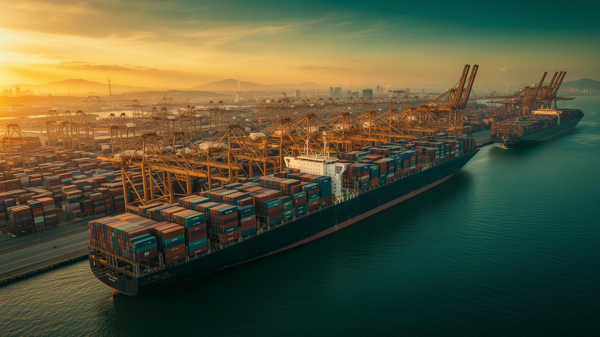 Global shipping port at golden hour
